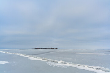 An uninhabited island and a huge crack in the frozen Volga River at its widest and deepest point near Ulyanovsk.