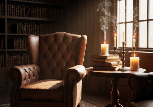 A vintage leather armchair sits in a dimly lit library with books and lit candles casting a warm glow