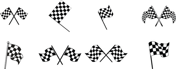 finish flag icon vectorCrossed checkered 3d race flags representing motorsport finish line for car rally isolated on white background. Chequered texture with start at motor road. Waving flag and winni