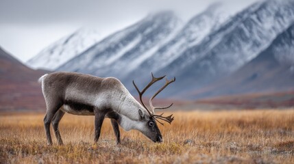A reindeer is seen grazing on grass in a vibrant meadow surrounded by stunning snow-capped mountains during early morning. The scene is serene and picturesque.