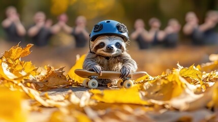Obraz premium A sloth with a blue helmet on a skateboard surrounded by yellow leaves. Blurred figures are visible in the background. AI.