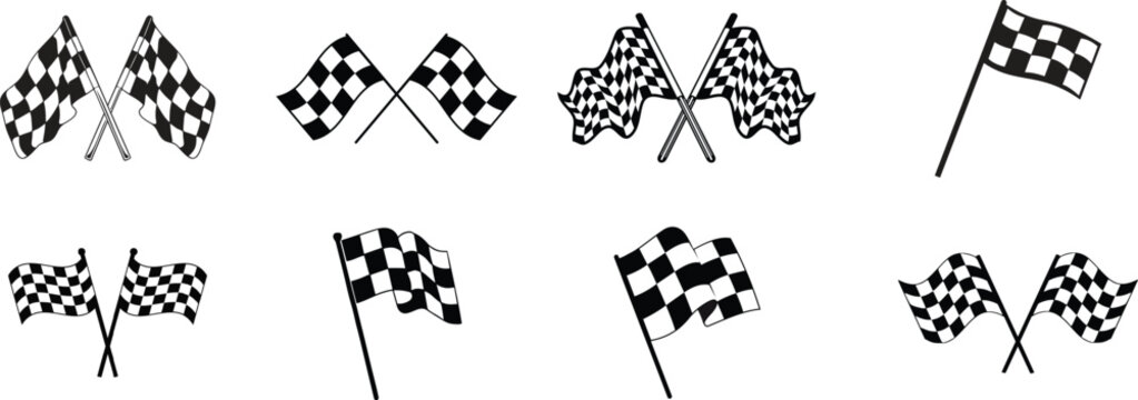 finish flag icon vectorCrossed checkered 3d race flags representing motorsport finish line for car rally isolated on white background. Chequered texture with start at motor road. Waving flag and winni