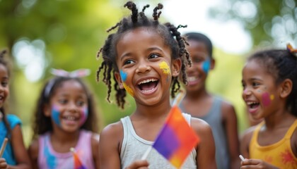 Happy children celebrate freedom at Juneteenth festival. Smiling girls with face painting hold flags in park. Kids enjoy outdoor event on warm sunny day with friends together.