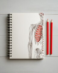 Anatomical Drawing in a Sketchbook with Red Colored Pencils for Medical Illustration and Scientific Study Showcasing the Human Skeleton Ribcage and Internal Organs for Educational Purposes 
