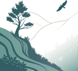 Serene mountain landscape with soaring eagle and peaceful tree silhouette, perfect for nature lovers and tranquil designs, evoking freedom and natural beauty