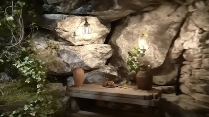 Enchanting Grotto Retreat: A whimsical exploration of a verdant, stone-laden enclave filled with organic tranquility and rustic allure