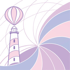 Whimsical lighthouse with a balloon ascending into a vibrant pastel swirl, evoking dreams and adventure.