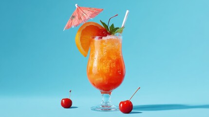 A refreshing tropical cocktail is served in a clear glass. It features a vibrant mix of orange and red, garnished with cherries, an orange slice, and an umbrella, all against a bright blue background.