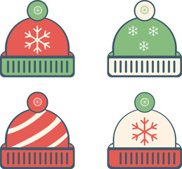 Collection of four flat design winter hats, each with a unique pattern and pom-pom top, perfect for cold weather.