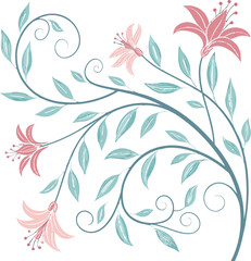 Elegant pastel floral vine design with delicate pink lilies and swirling green leaves, perfect for invitations and decorative backgrounds