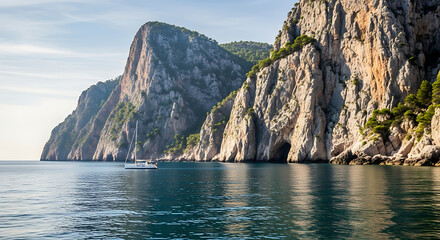 A sailboat sailing on the ocean near rocky cliffs with trees on a sunny day in a scenic landscape ai generated