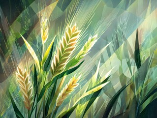 Abstract Wheat Field Illustration Showcasing Golden Grains and Verdant Stalks in a Serene Agricultural Landscape Representing Harvest Season and Natural Beauty