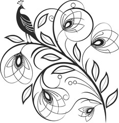 Elegant peacock perched on a blooming branch, showcasing intricate floral and leaf design with a timeless, artistic flair perfect for decorative projects.