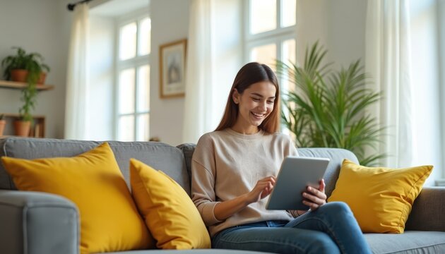 Happy young woman uses tablet on cozy gray sofa with bright yellow cushions in modern living room. She smiles, enjoying digital content, browsing online. Relaxing at home in apartment comfort.