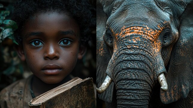 A child holds a book beside a close-up of an elephant's face with visible tusks. AI.