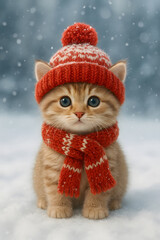  Fluffy ginger kitten sits in the snow, dressed in a knitted red hat and scarf, looking forward with wide eyes.