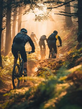 Four bikers ride through a forest trail. Trees line the path, backlit by golden sunlight. Ferns grow along the trail. AI.