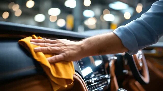 Detailer's hand with premium chamois cloth carefully cleaning leather car dashboard and center console steering wheel and instrument panel visible in focus luxury vehicle