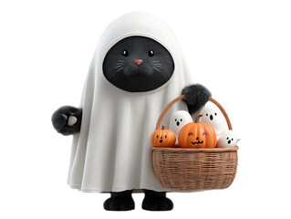 Cute cartoon black cat wearing a ghost costume holds a basket with pumpkins and little ghost figures