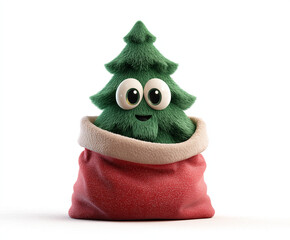 Cheerful cartoon Christmas tree with eyes and smile nestled in a festive red sack during a joyful holiday season