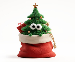 Cheerful cartoon Christmas tree peeks from festive sack with gifts and ornamented design