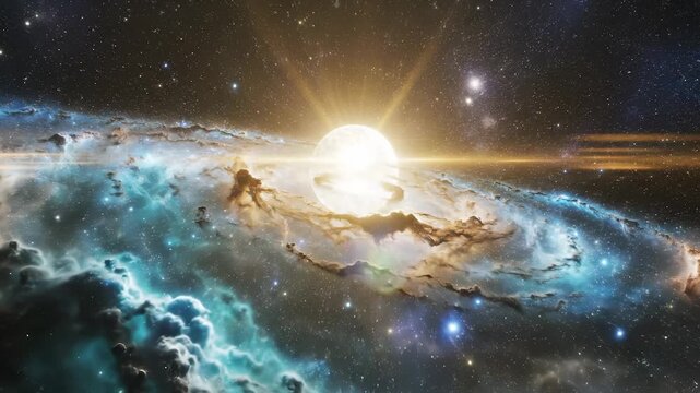 A bright star shines in the vastness of space, illuminating swirling clouds and distant galaxies. The star emits radiant light, highlighting the beautiful cosmic elements surroundi