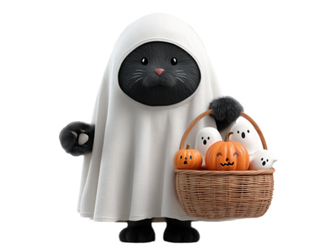 Cute cartoon black cat wearing a ghost costume holds a basket with pumpkins and little ghost figures