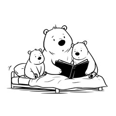 A polar bear reading a book to two cubs sitting on a bed in a black and white line drawing style image