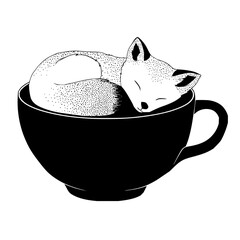 A curled up fox sleeping peacefully inside of a large black coffee cup with a handle on the right side