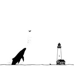 Whale breaching near a lighthouse with a bird flying overhead in a minimalist black and white scene