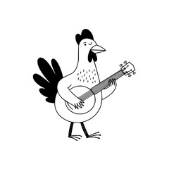A whimsical line drawing of a chicken playing a banjo with a cheerful expression on its face design