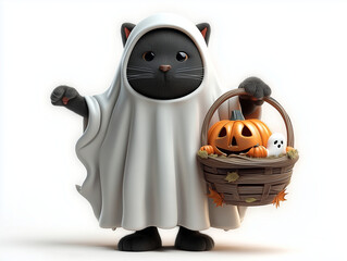 Black cat in a ghost costume holding a basket of Halloween treats in a fun and playful setting