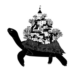 Illustration of a turtle carrying a city on its back with trees and a tower in black and white style