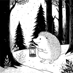 A hedgehog holding a lantern walking through a forest with tall trees and a starry night sky above it all