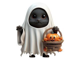 Cute black cat dressed as a ghost holding a pumpkin basket during Halloween festivities
