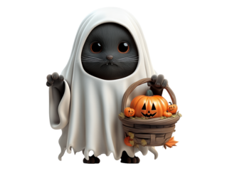 Cute black cat dressed as a ghost holding a pumpkin basket during Halloween festivities