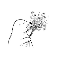 A serene seal enjoys the delicate fragrance of a bouquet of flowers in a minimalist line drawing style