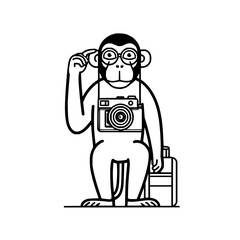 Monkey tourist with camera and suitcase in black and white line art style with glasses and thoughtful pose