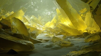Golden yellow crystals fill a cave, reflecting light and casting a warm glow. The unique formations create a magical atmosphere in the peaceful underground space.
