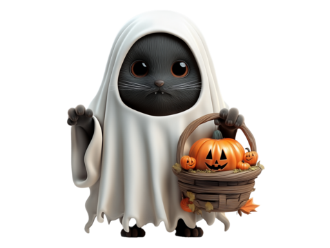 Cute black cat dressed as a ghost holding a pumpkin basket during Halloween festivities - Powered by Adobe