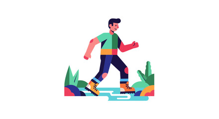 Vibrant Illustrated Walker Navigating Nature's Trail, Artistic Animation Style