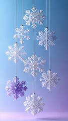 Minimalist Hanging Snowflakes on Gradient Blue Background