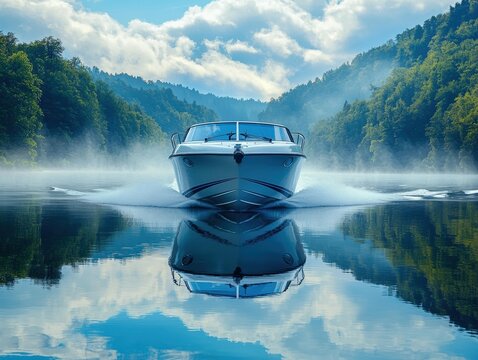 A motorboat is on a lake. The boat's reflection is visible. Forested hills and a blue sky with clouds are in the background. AI. - Powered by Adobe