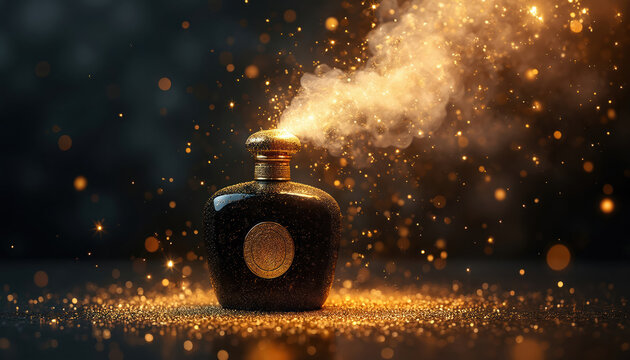 Black gold bottle emits sparkly mist and glitter. This luxe perfume advertises scent. Elegant fragrance ad suggests magic and celebration. Festive allure for special nights.