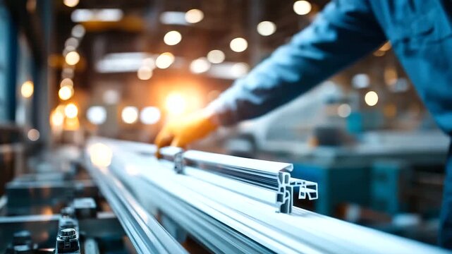 Factory worker's hands in safety gloves carefully assembling white PVC window frame components joining corners with specialized tools aluminum profiles and glass panes visible