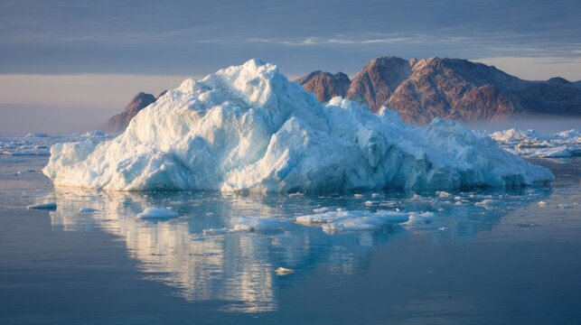 Majestic icebergs float gently in calm waters as the sun rises, illuminating the serene landscape of arctic mountains in the background, creating a magical morning scene.