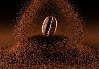 A single roasted coffee bean suspended in midair, surrounded by a cloud of coffee grounds
