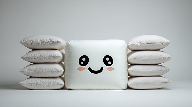Funny pillow man shape made from stacked pillows, featuring a smiling face, minimal white background, creating a whimsical and playful atmosphere with copy space for text