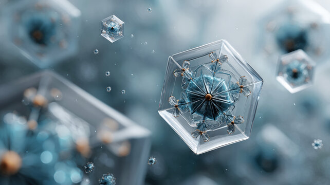 Transparent geometric snowflakes float in air, resembling frozen crystals inside cubes, soft blue bokeh background enhances ethereal feel. Abstract winter wonder - Powered by Adobe