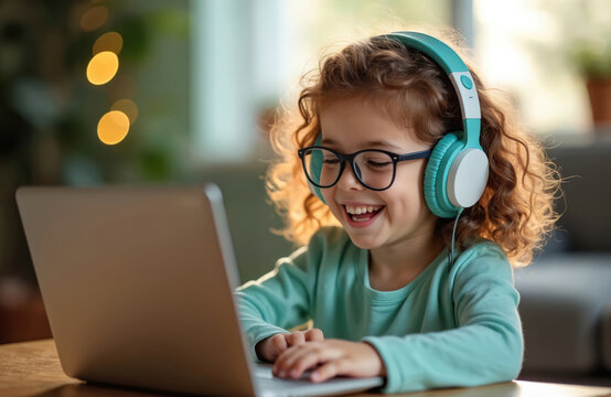 Young girl wears headphones and glasses. She happily uses laptop for online study or games. Child enjoys digital world communication and learning.